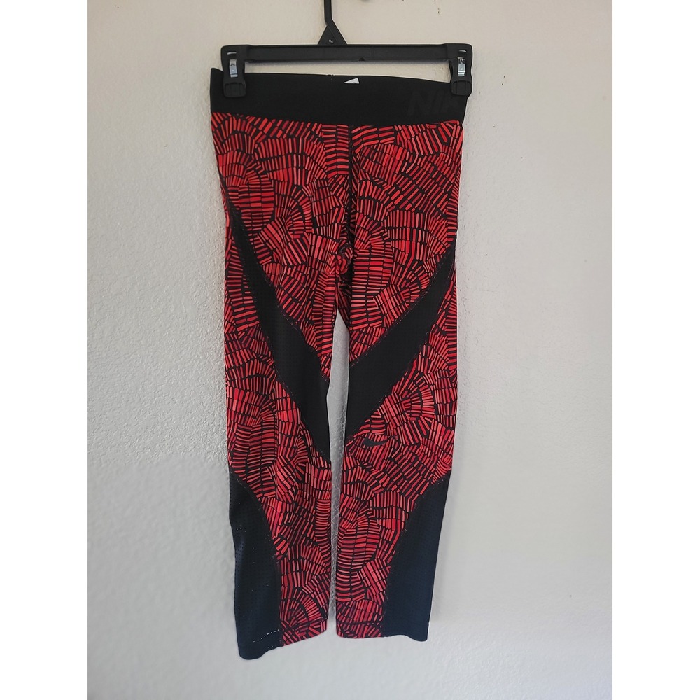 Nike Pro Dri-FIT Womens Red Black Geometric‎ Mesh Crop Leggings Small S #9